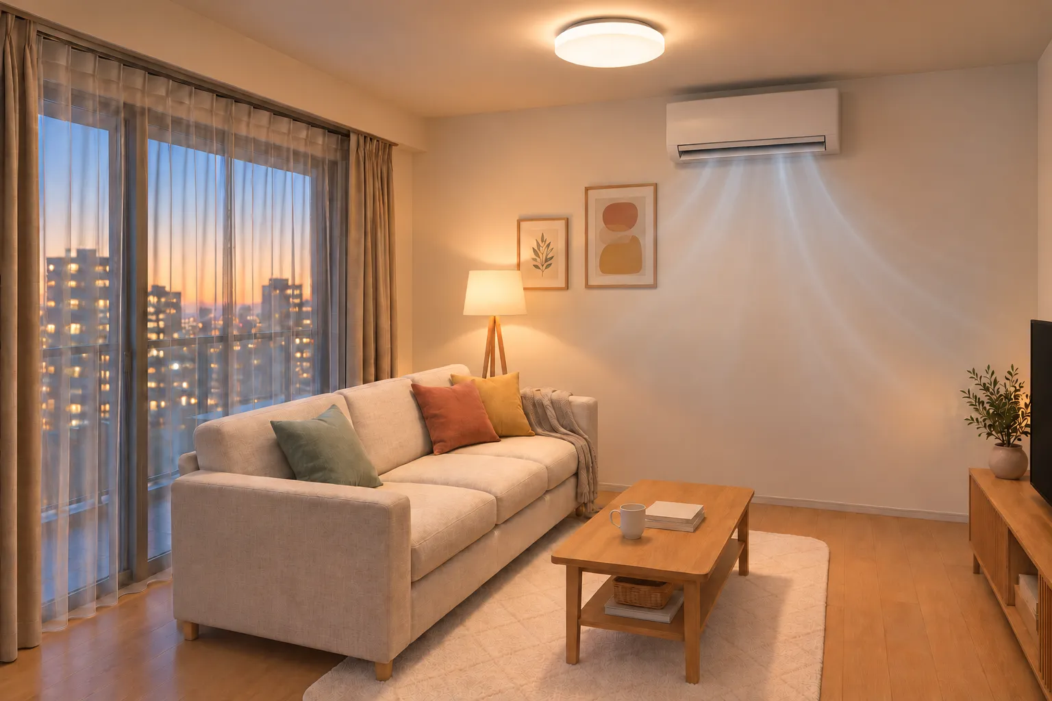 明かりの点いたリビング。正面の壁のエアコンから、風の流れがやさしく部屋に広がる。床まである窓にはレースのカーテンが閉まっているCGイメージ。